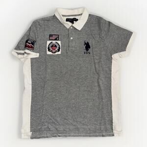 USPA Polo Assn Grey Embroidered Patch Polo Shirt Men’s Large 22x26 Preppy Casual